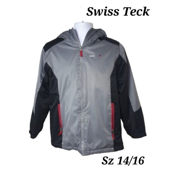 Swiss Tech Boys XL Coat Black & Grey Hooded Jacket XL 14-16 NWOT - Picture 1 of 7